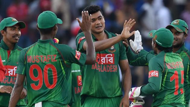 Taskin Ahmed took a dramatic hattrick to restrict Sri Lanka to 311 in the second one day international between Sri Lanka and Bangladesh at the Rangiri Dambulla International Cricket Stadium in Dambulla on Tuesday. Get full scorecard of Sri Lanka vs Bangladesh 2nd ODI here.(AFP)