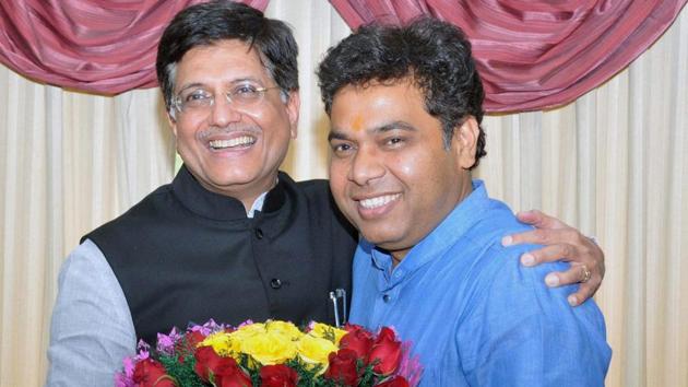Power minister of Uttar Pradesh, Shrikant Sharma meets Union power minister Piyush Goyal, in New Delhi on March 27.(PTI Photo)