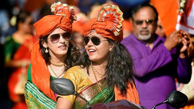 Women took part in a bike rally, dressed up in sarees, in Mulund. (Pratik Chorge/HT Photo) 
