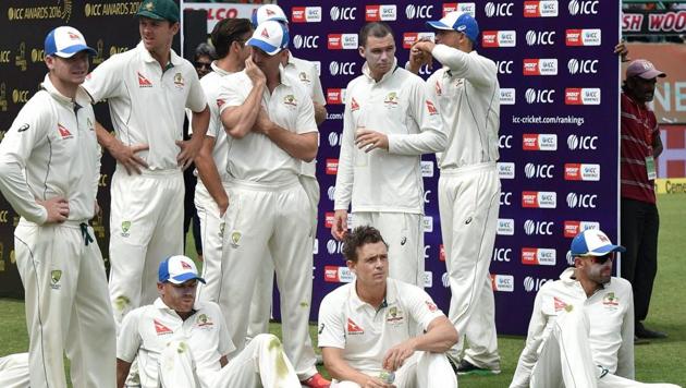 Australian skipper Steve Smith with his teammates before the awards presentation ceremony after the end of 4th and final test match of the India-Australia series at HPCA Stadium in Dharamsala on Tuesday.(PTI)