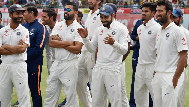 Virat Kohli with Indian cricket teammates after their win over Australia in Dharamsala Test. India reclaimed the Border-Gavaskar Trophy after the win. (PTI) Virat Kohli with Indian cricket teammates after their win over Australia in Dharamsala Test. India reclaimed the Border-Gavaskar Trophy after the win. (PTI)