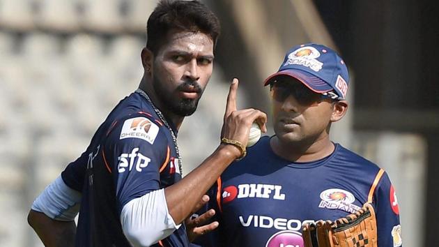 Mumbai Indians player Hardik Pandya with the team's head coach Mahela Jayawardene during a preparatory camp ahead of IPL 2017 at Wankhede stadium in Mumbai.(PTI)