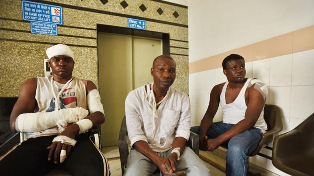 Endurance Amarawa, Ibgiya Malu Chukwuma and Precious Amalcima were admitted at a hospital after Monday night’s attacks on African nationals in Greater Noida.(Virendra Singh Gosain/HT PHOTO)