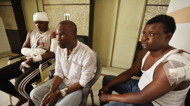 Endurance Amarawa, Ibgiya Malu Chukwuma and Precious Amalsima in Greater Noida, UP, March 28. They were attacked by a group of protestors, who were shouting slogans against Africans and demanding that those behind the death of the teenage boy, who died of a suspected drug overdose, be arrested(Virendra Singh Gosain/HT PHOTO)