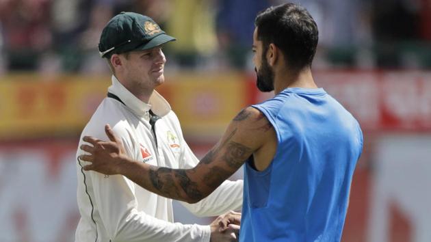 Australian captain Steven Smith and Indian captain Virat Kohli shake hands in Dharamsala. (AP)