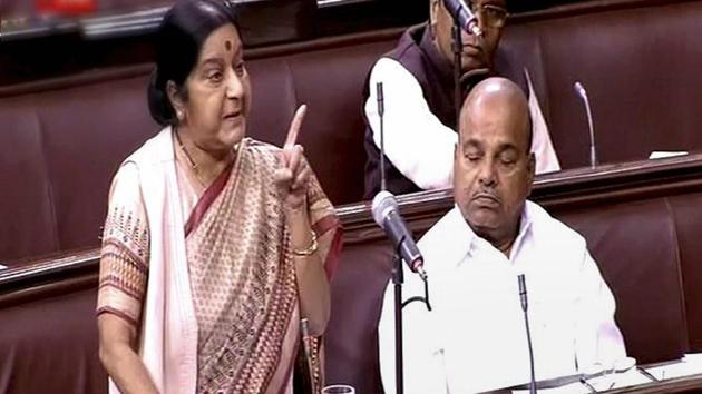 External affairs minister Sushma Swaraj speaks in the Rajya Sabha in New Delhi. (PTI File) External affairs minister Sushma Swaraj speaks in the Rajya Sabha in New Delhi. (PTI File)