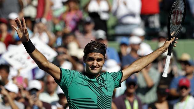 Roger Federer celebrates after winning match point against Juan Martin del Potro at the Miami Open.(USA Today Sports)