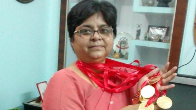Dr Vinita Vijai née Srivastav, now an associate professor and head of the mathematics department of Lucknow’s 130-year-old Isabella Thoburn College, proudly displays the medals she won for mathematics. Dr Vinita Vijai née Srivastav, now an associate professor and head of the mathematics department of Lucknow’s 130-year-old Isabella Thoburn College, proudly displays the medals she won for mathematics.