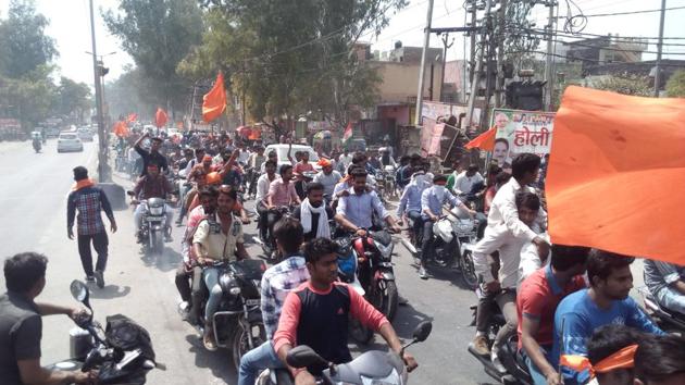 Members of Hindu Yuva Vahini took out a procession between Ghaziabad and Murad Nagar to celebrate Yogi Adityanath being named chief minister of UP on March 24.(HT Photo) Members of Hindu Yuva Vahini took out a procession between Ghaziabad and Murad Nagar to celebrate Yogi Adityanath being named chief minister of UP on March 24.(HT Photo)