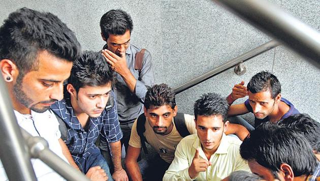 File picture of scholarship holders from J and K at the AICTE office enquiring about the status of their grants. (HT Photo) File picture of scholarship holders from J and K at the AICTE office enquiring about the status of their grants. (HT Photo)