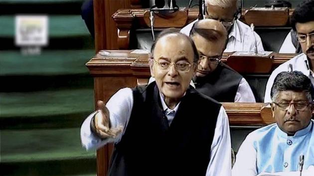 Finance minister Arun Jaitley speaks in the Lok Sabha in New Delhi on Wednesday.(PTI Photo)