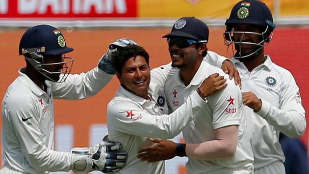 Kuldeep Yadav starred for India on debut with a four-wicket haul against Australia in Dharamsala Test.(REUTERS)