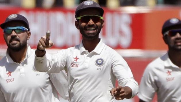 India's Ajinkya Rahane, center, celebrates the dismissal of Australia's Matt Renshaw during the third day of their fourth test cricket match in Dharmsala, India, Monday, March 27, 2017. (AP Photo/Tsering Topgyal)(AP)