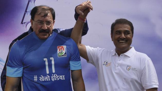 International footballer and MP from Howrah, Prasun Banerjee, AIFF President Praful Patel, during the ‘Mission XI Million’ programme. (Sonu Mehta/HT PHOTO) International footballer and MP from Howrah, Prasun Banerjee, AIFF President Praful Patel, during the ‘Mission XI Million’ programme. (Sonu Mehta/HT PHOTO)