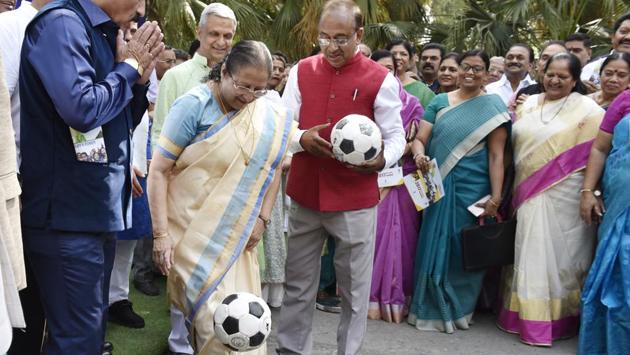 The function organized by the ministry of Youth Affairs and Sports was meant to promote Mission XI Million Programme for taking football across India in the run up to FIFA U-17 Football World Cup to be hosted in October this year. (Arvind Yadav/HT PHOTO) The function organized by the ministry of Youth Affairs and Sports was meant to promote Mission XI Million Programme for taking football across India in the run up to FIFA U-17 Football World Cup to be hosted in October this year. (Arvind Yadav/HT PHOTO)