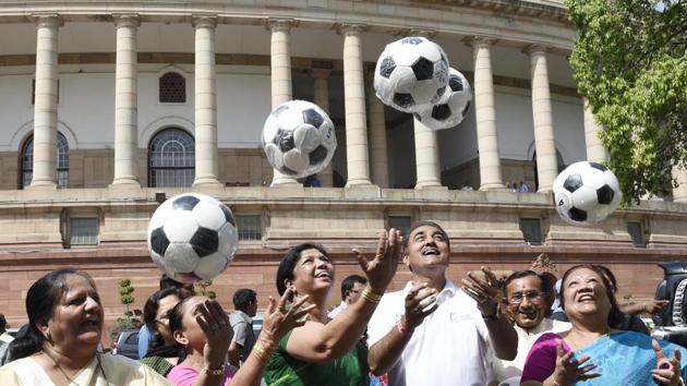 In a bid to raise awareness of the U-17 Fifa World Cup, which will take place in India in October, sports minister Vijay Goel gifted every MP a football on Wednesday morning at the parliament. (Arvind Yadav/HT PHOTO) In a bid to raise awareness of the U-17 Fifa World Cup, which will take place in India in October, sports minister Vijay Goel gifted every MP a football on Wednesday morning at the parliament. (Arvind Yadav/HT PHOTO)
