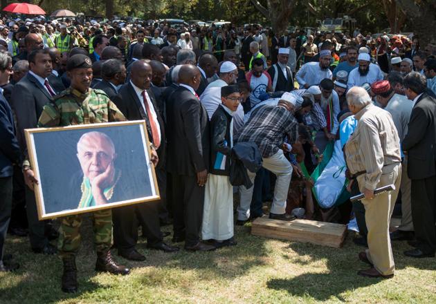 Ahmed Kathrada’s body is laid to rest at the Westpark Cemetery in Johannesburg, South Africa. (AFP) Ahmed Kathrada’s body is laid to rest at the Westpark Cemetery in Johannesburg, South Africa. (AFP)
