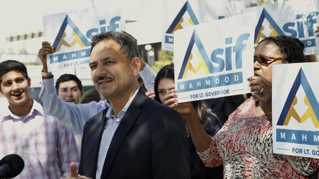 Dr Asif Mahmood, a physician who came to the US from Pakistan, announces he is joining the 2018 race for California's lieutenant governor in front of the downtown federal building that houses a US Immigration and Customs Enforcement field office in Los Angeles on Wednesday.(AP Photo)
