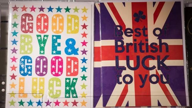 Greeting cards bearing good luck messages are displayed for sale in a stationery shop in Westminster Underground station in London, England on March 29, 2017. Britain formally launched the process for leaving the European Union on March 29, a historic move that has split the country and thrown into question the future of the European project.(AFP)