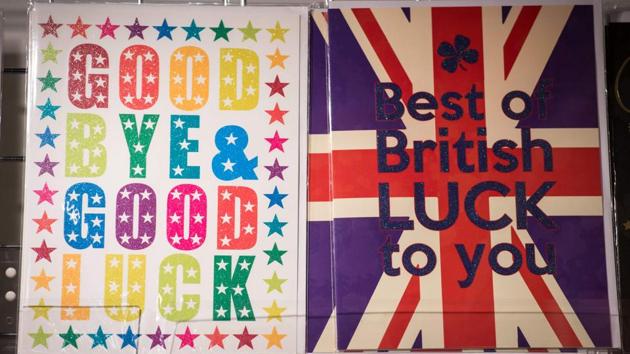 Greeting cards bearing good luck messages are displayed for sale in a stationery shop in Westminster Underground station in London on March 29, 2017. Britain formally launched the process for leaving the European Union.(AFP Photo)