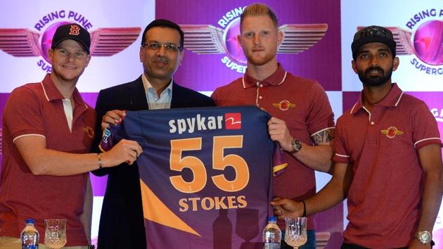 Rising Pune Supergiants introduce their marquee player Ben Stokes in New Delhi on Thursday. The England all-rounder will be a key member in skipper Steve Smith’s team.(AFP)