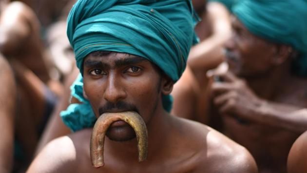 A farmer enacts eating a snake as a form of protest as they have nothing to eat due to farm distress. (Ravi Choudhary/HT PHOTO)