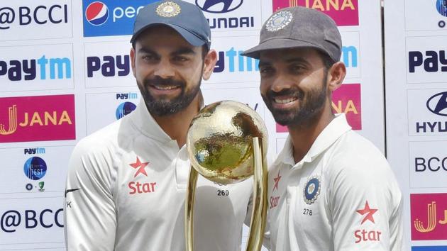 Virat Kohli and Ajinkya Rahane hold Border Gavaskar Trophy after winning the series against Australia during the 4th day of last Test match at HPCA Stadium in Dharamsala on Tuesday. (PTI) Virat Kohli and Ajinkya Rahane hold Border Gavaskar Trophy after winning the series against Australia during the 4th day of last Test match at HPCA Stadium in Dharamsala on Tuesday. (PTI)