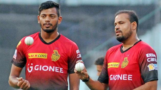 Pathan and Ankit Rajpoot (L) during a practice session at the Eden Gardens. (PTI)