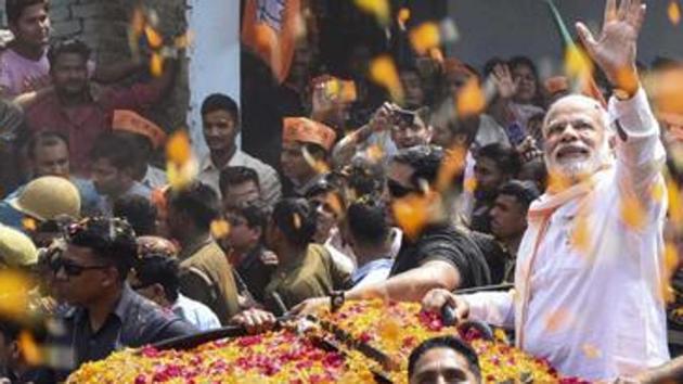 Prime Minister Narendra Modi during the road show in Varanasi on March 4, 2017. ((Arun Sharma/HT PHOTO)