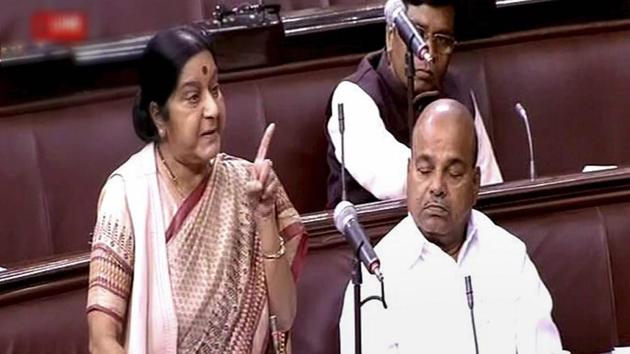 External affairs minister Sushma Swaraj speaks in the Rajya Sabha.(PTI/ TV Grab)