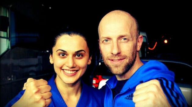 Taapsee Pannu poses with Cyril Raffaeli, the French traceur, martial artist and stuntman worked with her for Naam Shabana.