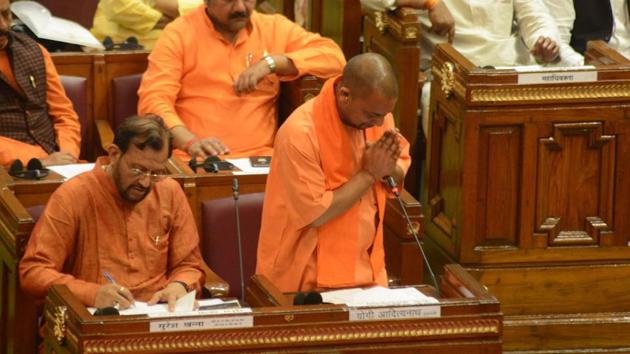 Vidhan Sabha speaker Hirday Narayan Dixit with Uttar Pradesh chief minister of Uttar Pradesh Yogi Adityanath at Vidhan Sabha in Lucknow on Thursday.(Dheeraj Dhawan/HT Photo) Vidhan Sabha speaker Hirday Narayan Dixit with Uttar Pradesh chief minister of Uttar Pradesh Yogi Adityanath at Vidhan Sabha in Lucknow on Thursday.(Dheeraj Dhawan/HT Photo)