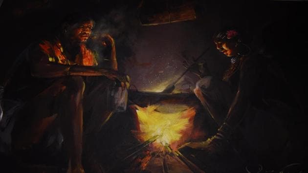 A painting showing tribals sitting around a traditional kitchen fire made by a tribal student. (Arabinda Mahapatra/HT Photo) A painting showing tribals sitting around a traditional kitchen fire made by a tribal student. (Arabinda Mahapatra/HT Photo)