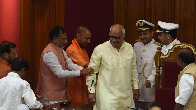 CM and LoP escorting newly-elected speaker to the chair.(HT Photo)