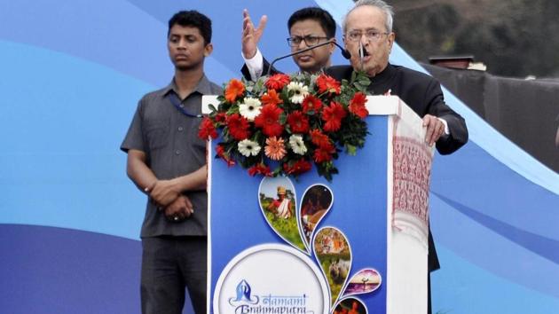 President Pranab Mukherjee speaking at the inauguration of Namami Brahmaputra river festival. (HT Photo) President Pranab Mukherjee speaking at the inauguration of Namami Brahmaputra river festival. (HT Photo)