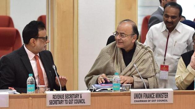 Union minister for finance Arun Jaitley chairing a GST Council Meeting at Vigyan Bhawan in New Delhi in the presence of MoS for finance Santosh Kumar Gangwar. (PTI Photo) Union minister for finance Arun Jaitley chairing a GST Council Meeting at Vigyan Bhawan in New Delhi in the presence of MoS for finance Santosh Kumar Gangwar. (PTI Photo)