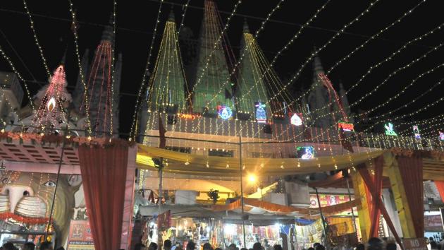 Durga Mata temple illuminated on the occasion of Navratri festival in Ludhiana. (Gurminder Singh/HT)