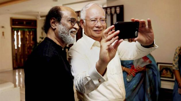 Malaysian Prime Minister Najib Razak clicks a selfie with Tamil super star Rajinikanth at his home in Chennai on March 31, 2017. (PTI) Malaysian Prime Minister Najib Razak clicks a selfie with Tamil super star Rajinikanth at his home in Chennai on March 31, 2017. (PTI)