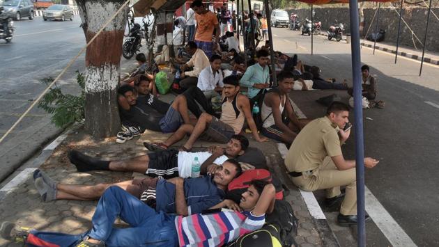 Candidates wait for their turn at the recruitment on Friday. (Prashant Waydande/HT)