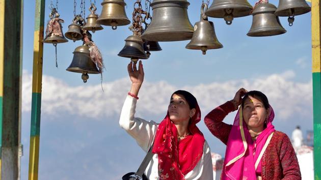 Kanak Chauri village, about thirty kilometres from Rudraprayag is the last road-connected village from where devotees hike about three kilometres to reach the top of the hill where the shrine resides. (Gurinder Osan/HT Photo)
