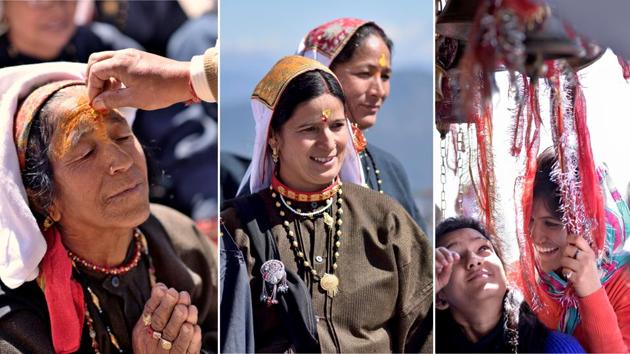 Close-ups of devotees in different moods after receiving blessings and offering prayers at the temple. (Gurinder Osan/HT Photo)