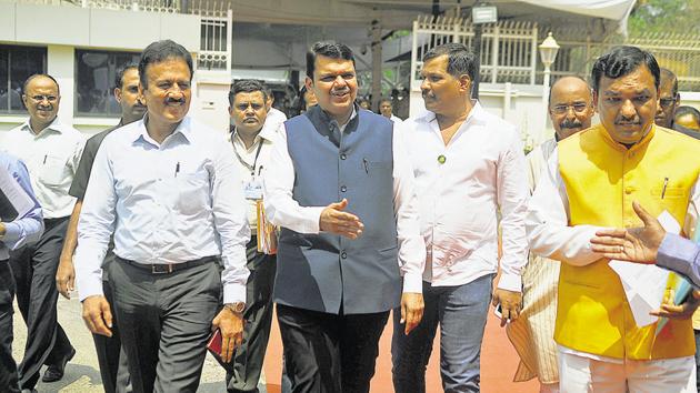 Maharashtra CM Devendra Fadnavis outside Vidhan Bhavan on Thursday.(HT Photo)