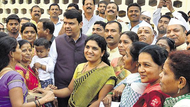 Chief minister Devendra Fadnavis outside Vidhan Bhavan on Friday.(Anshuman Poyrekar/HT)