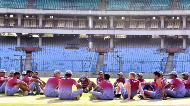 Delhi Daredevils cricketers talk to each other after their practice. (DD)