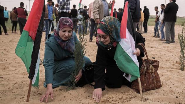Palestinian women holding their national flag plant olive trees to mark Land Day near the Israeli border with east Rafah in the southern Gaza Strip . (SAID KHATIB / AFP)