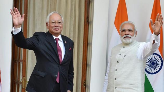 Prime Minister Narendra Modi with his Malaysian counterpart Najib Razak before their meeting at Hyderabad House in New Delhi on Saturday.(PTI Photo) Prime Minister Narendra Modi with his Malaysian counterpart Najib Razak before their meeting at Hyderabad House in New Delhi on Saturday.(PTI Photo)