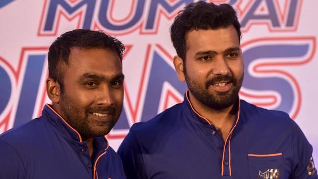 Mumbai Indians head coach Mahela Jayawardene and captain Rohit Sharma addressing the media in Mumbai.(Kunal Patil/HT Photo)