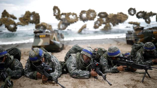 South Korean marines take part in a U.S.-South Korea joint landing operation drill as a part of the two countries' annual military training called Foal Eagle, in Pohang, South Korea on April 2, 2017. (Kim Hong-Ji/REUTERS)