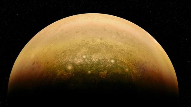 The Juno spacecraft, for the first time, sees below Jupiter’s dense cover of clouds. This is why the mission was named after the Roman goddess, who was Jupiter’s wife, and who could also see through clouds. (NASa)