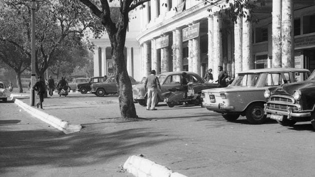 A view of the parking lot outside the Tribune newspaper office in Connaught Place as it looked in 1973. (Babu ram/Ht Photo)